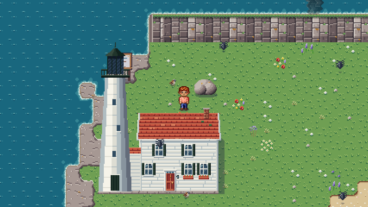 A white lighthouse and a red-roofed keeper's house on a grassy point above the sea.