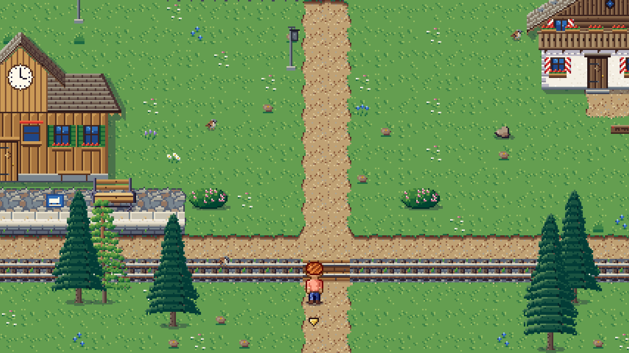 A wooden mountain station with a clock, pine trees and the railway crossing a meadow.