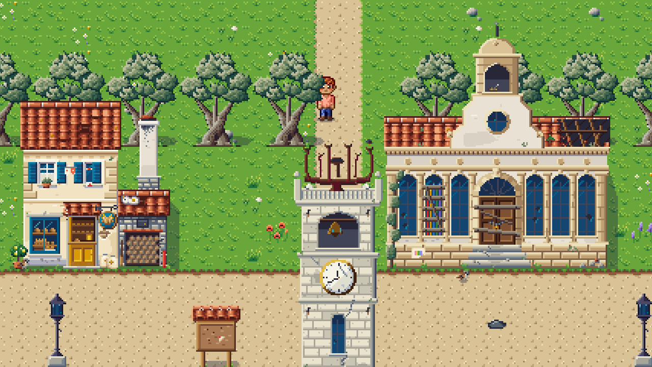 Mava's town square: red-roofed houses, a white clock tower and a columned hall among olive trees.