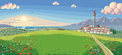 A pixel-art valley in summer: poppies in a green meadow, a hill town with a stone tower, the sea and blue mountains under a warm sky.